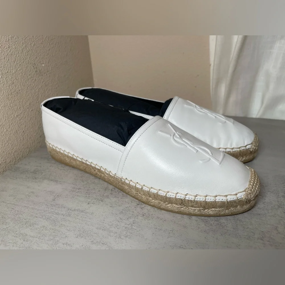 YSL Yves Saint Laurent White Leather Espadrilles Slip Ons Size 39 - Picture 7 of 12